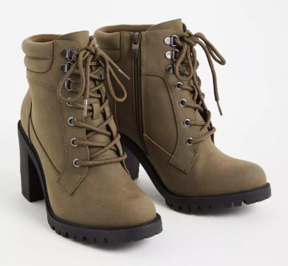 TORRID Faux Leather Lace-Up Hiker Boot Wide Width Olive Green Sz 10.5 WW $70